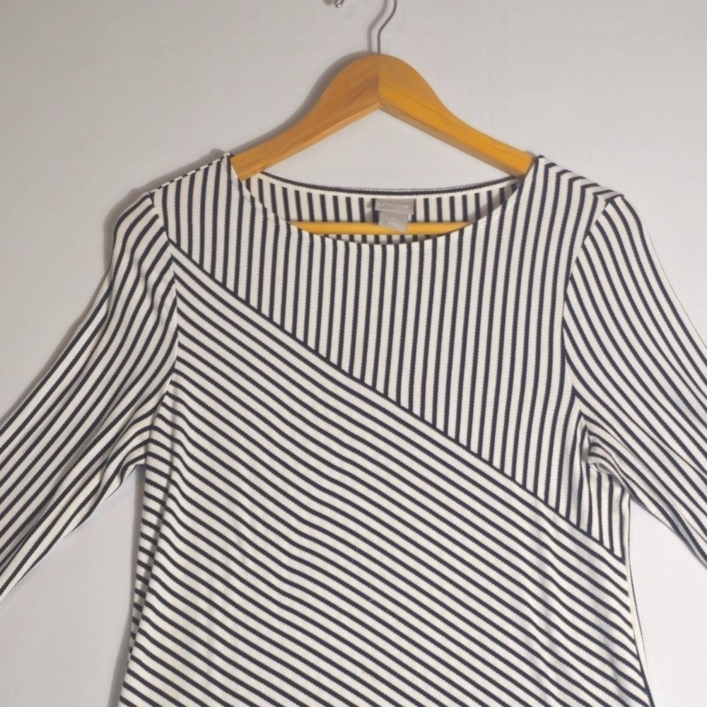 Chico's Blouse Top Women 0 (S) Black White Striped 3/4 Flutter Sleeve Round Neck - Picture 3 of 9